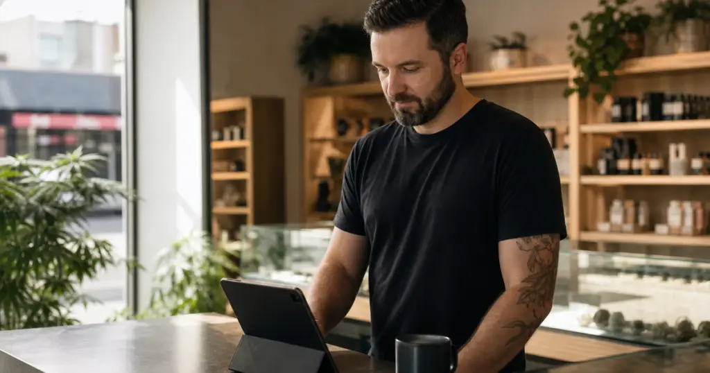 dispensary KPIs on a tablet at the counter before opening