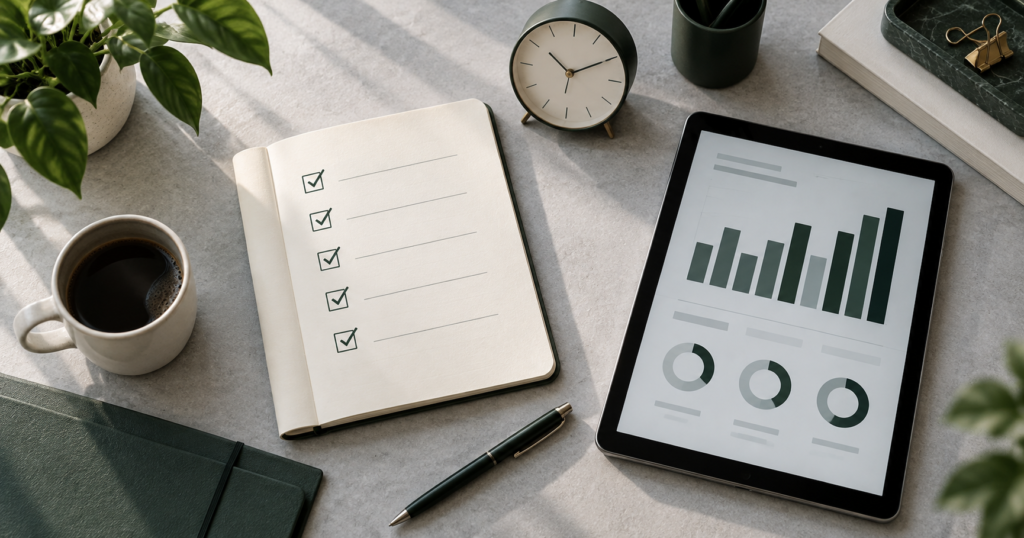 Dispensary daily operations checklist with a notebook, clock and an illustrative dashboard.